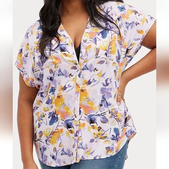 Torrid Size 00 Purple Yellow Floral Print Dolman Rayon Slub Button Front Top - Picture 1 of 8